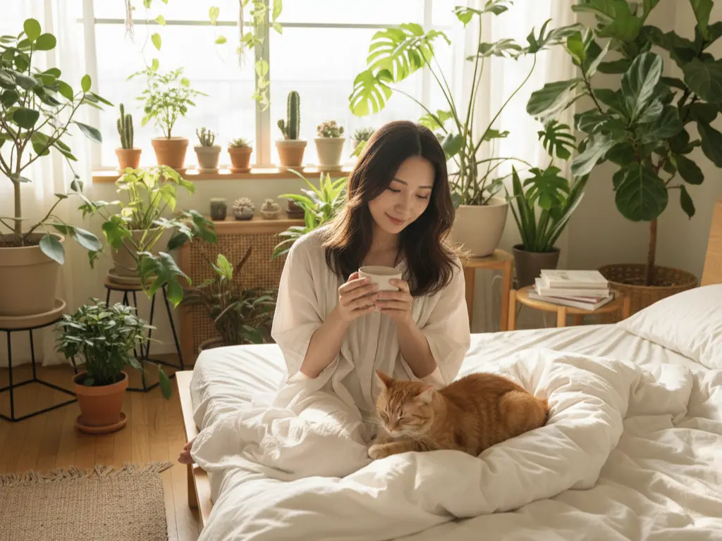 観葉植物と猫と女性