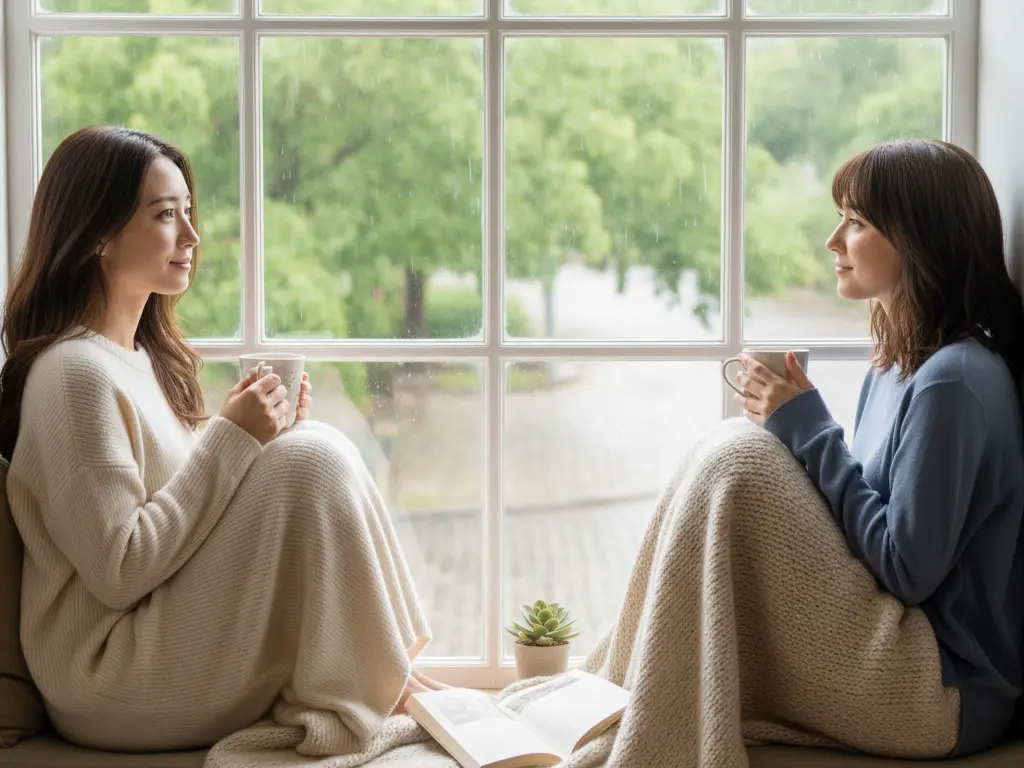 窓際のリラックスした空間に並んだ二人の女性