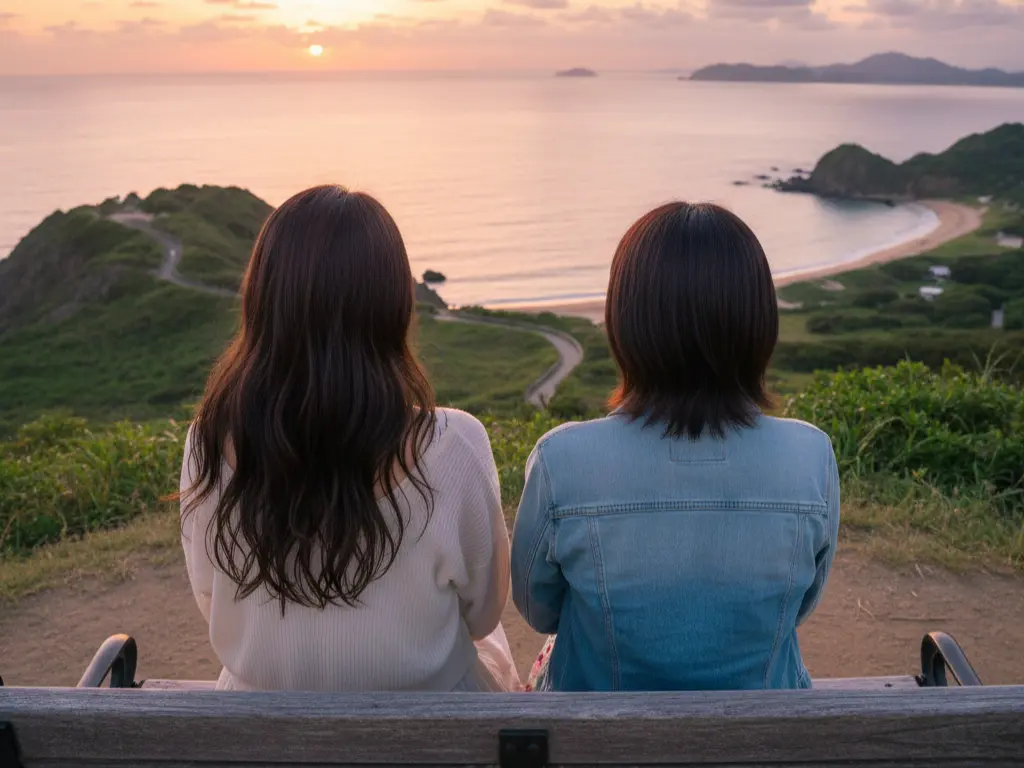 夕暮れ時、同じ方向を見つめて寄り添いながら座る二人の後ろ姿