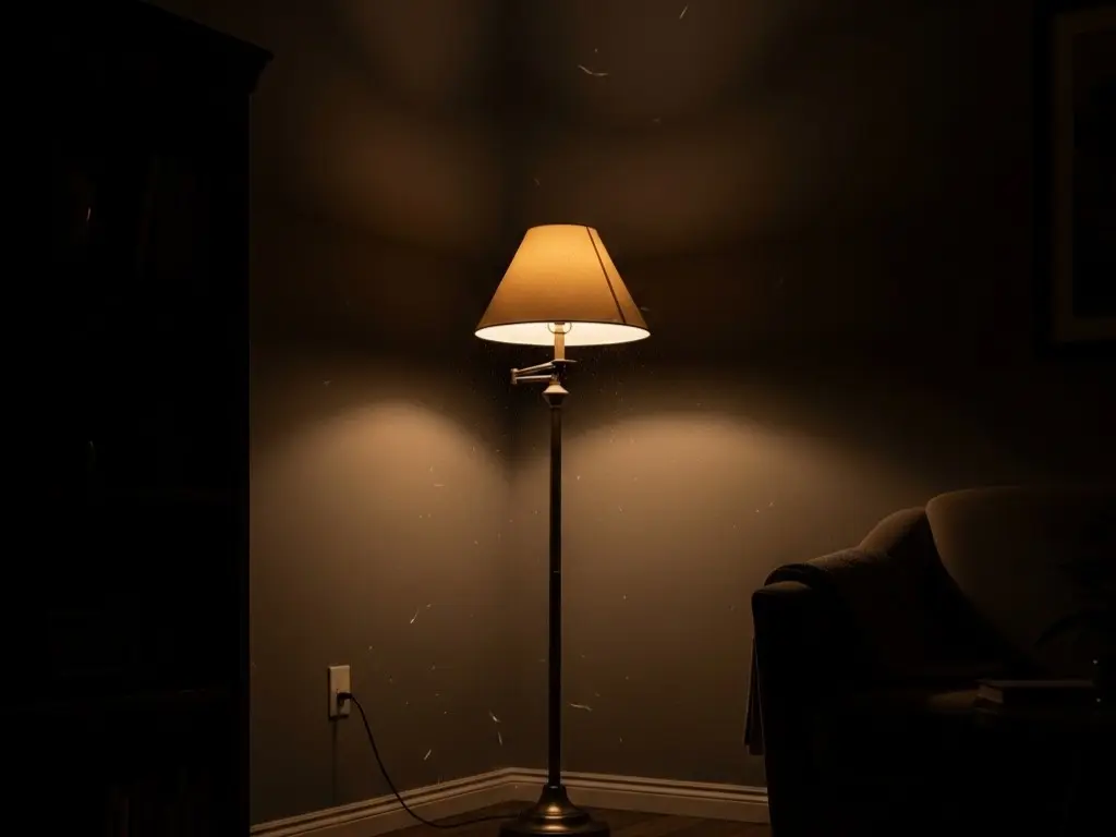 暗めの部屋でフロアランプが光っている