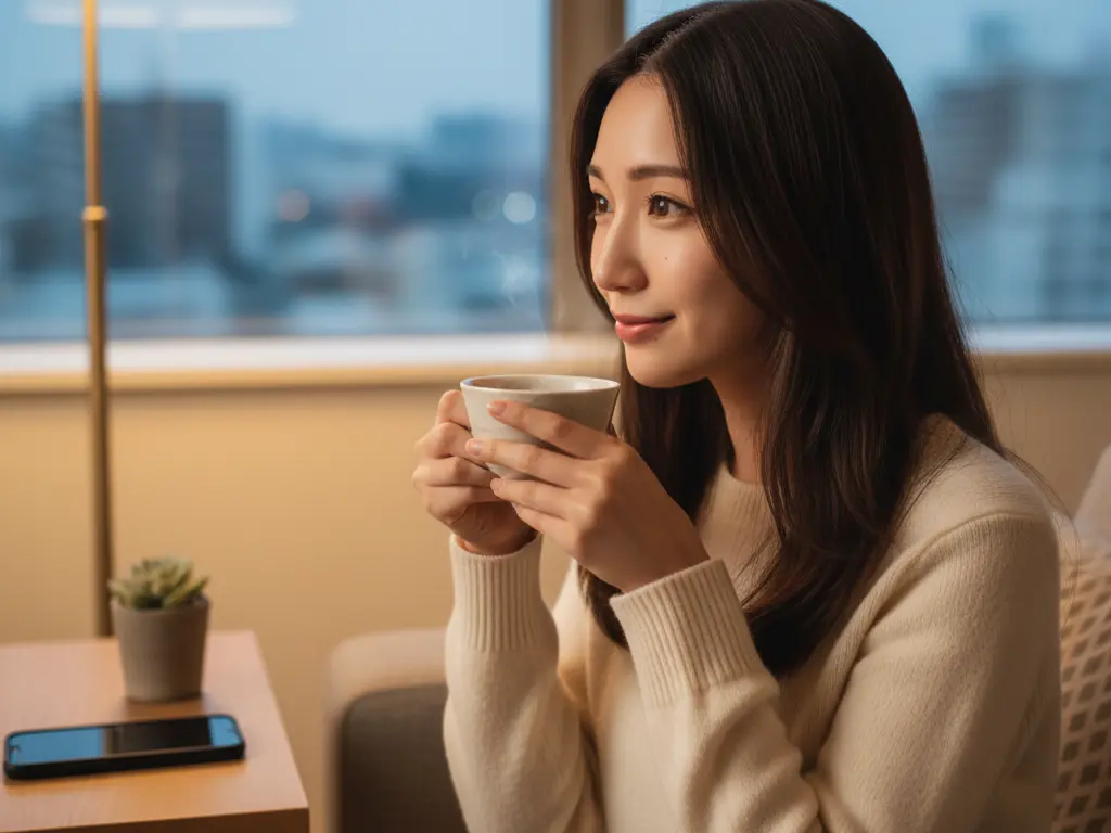 窓の外を眺めながらお茶を飲んでいるリラックスしている女性