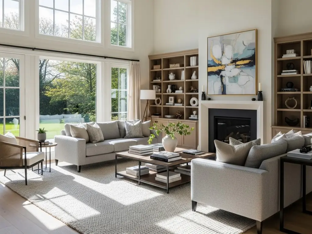 洗練された、日当たりの良い広々としたリビングの風景。