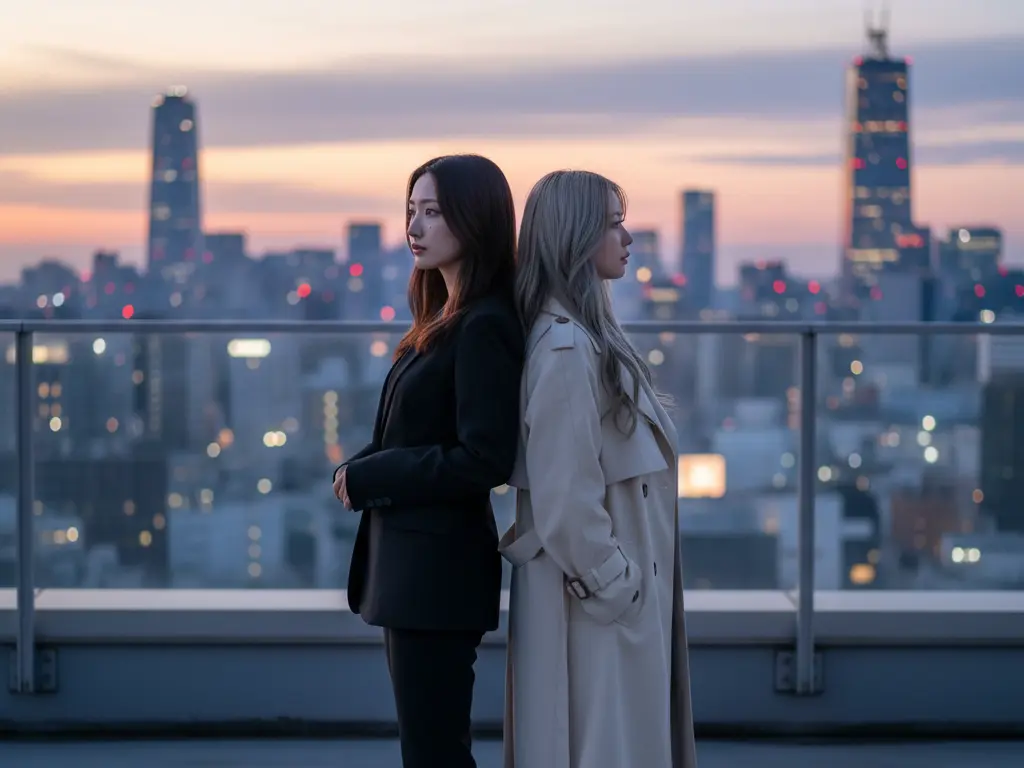都会の街並みを背景に二人の女性が背中合わせで立っている