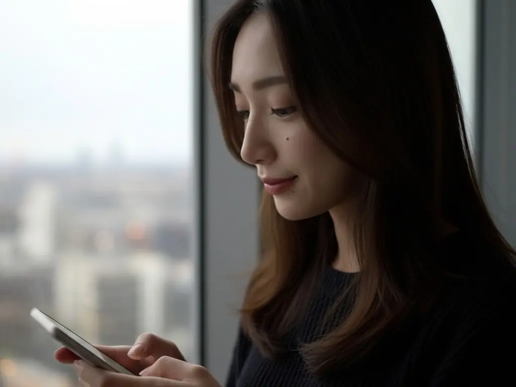 窓際でスマホを見つめ、少し口角が上がっている女性