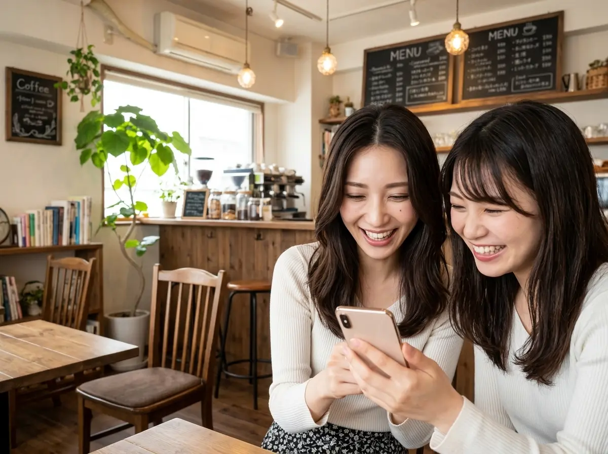 女性二人がカフェで楽しそうにスマホを眺めている