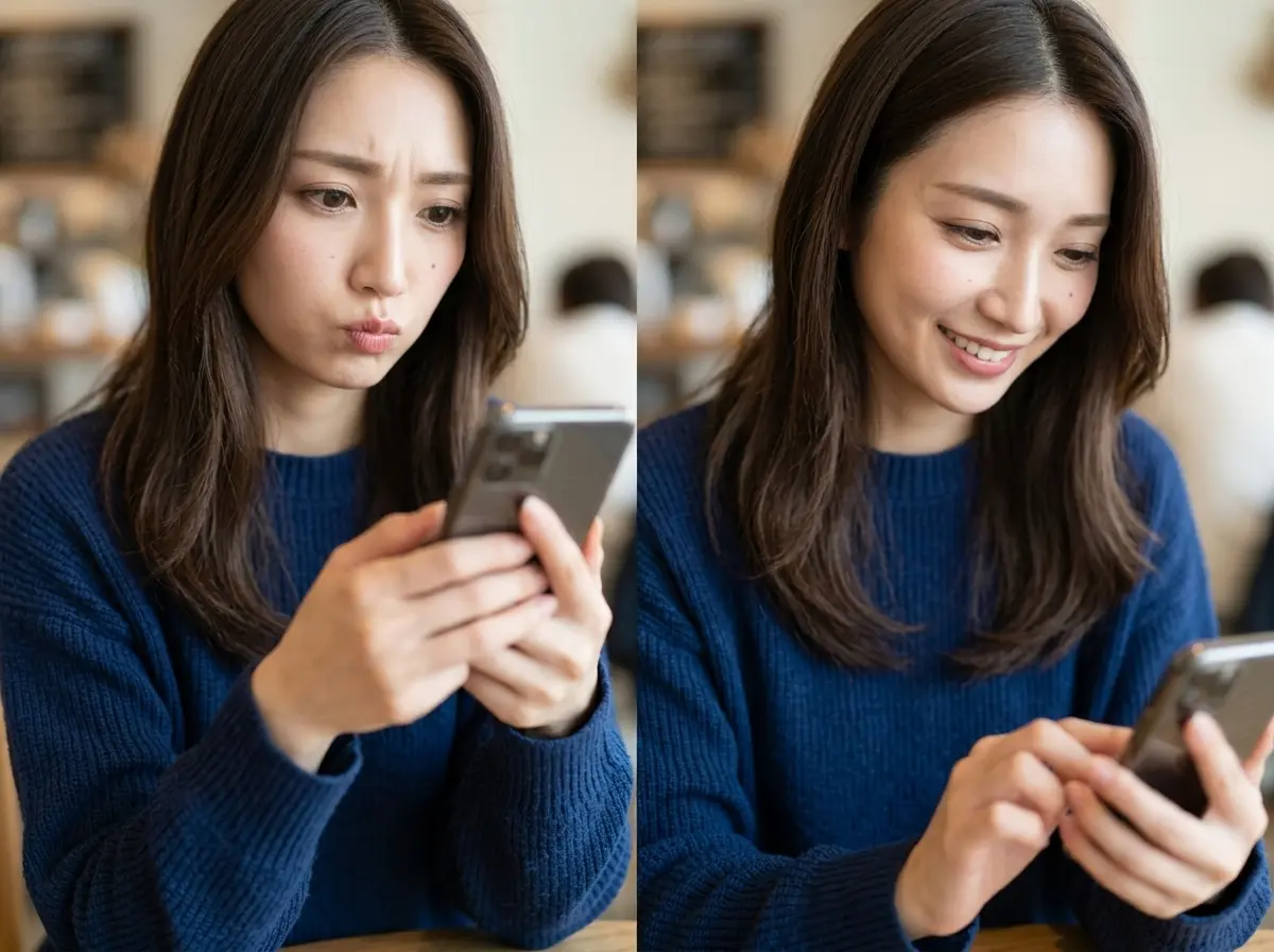 スマホを手に持ってメッセージを考えている女性