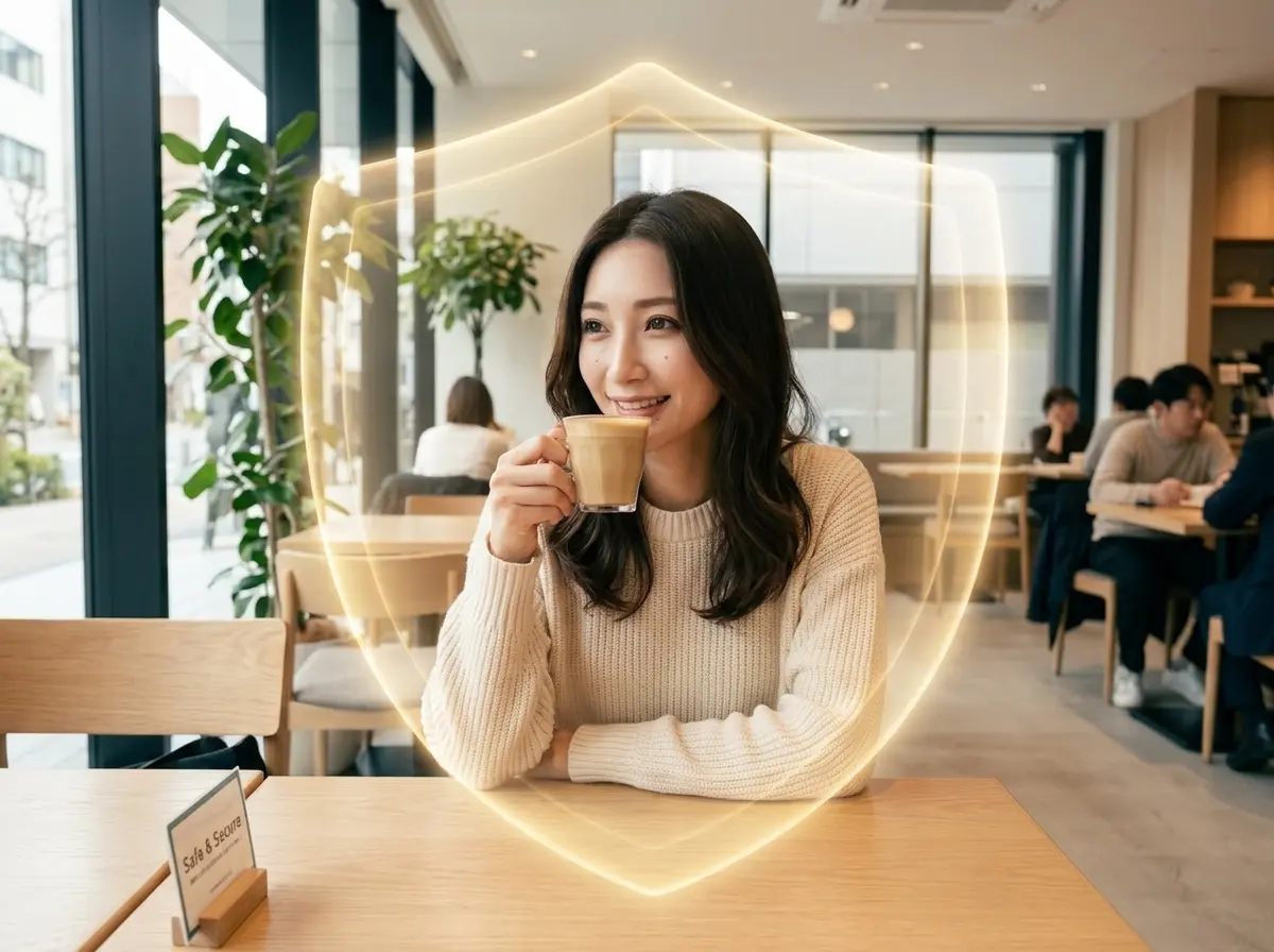 カフェでリラックスして過ごしている女性が守られてる