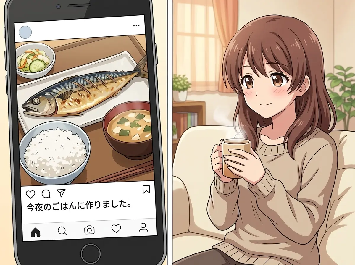 左にスマホ画面、右にゆっくりしている女性のイラスト