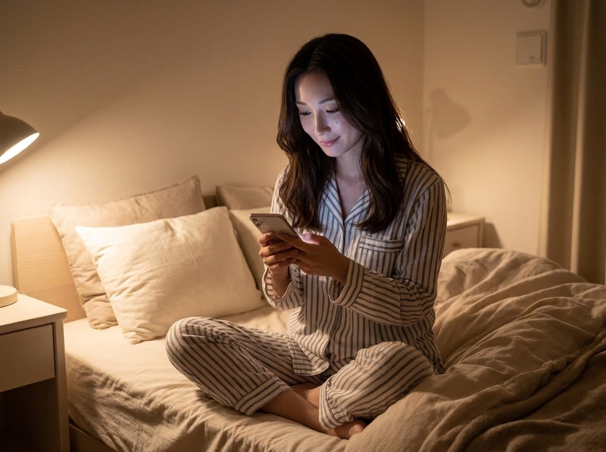 ベッドの上でスマホを触る女性