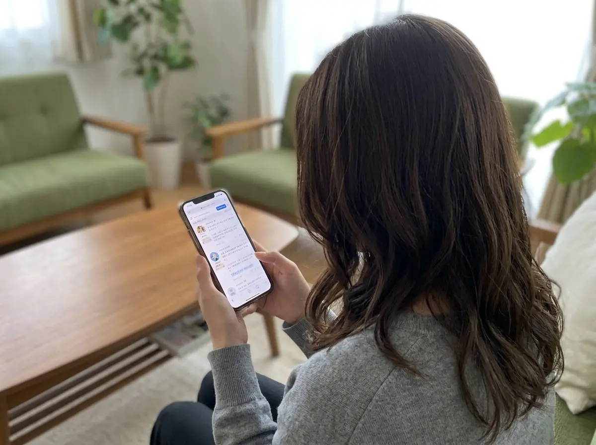 女性がスマホを触っている。