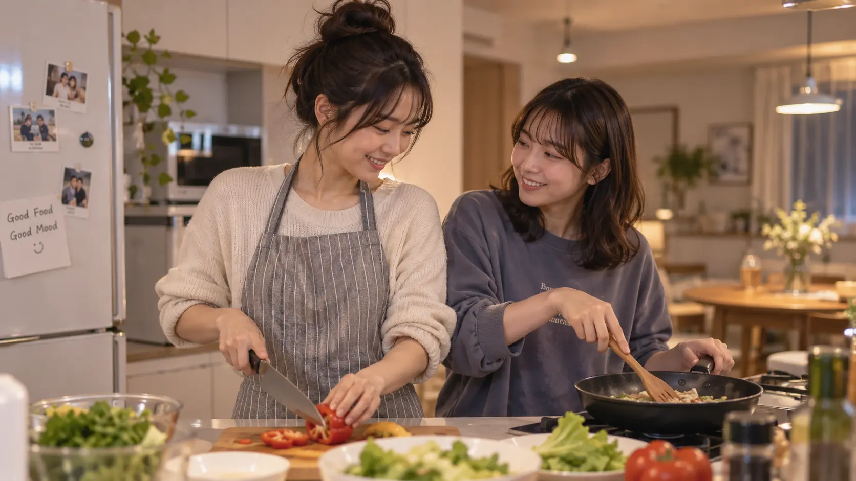 成人女性2人が家の中で夕食の準備をしている