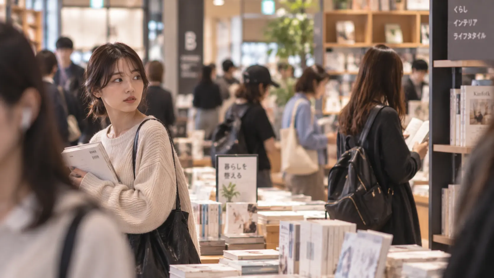 書店、雑貨店、駅ビルなどの日常的な場所。複数人がいる中で成人女性が少し離れた別の成人女性を何となく気にしている場面。